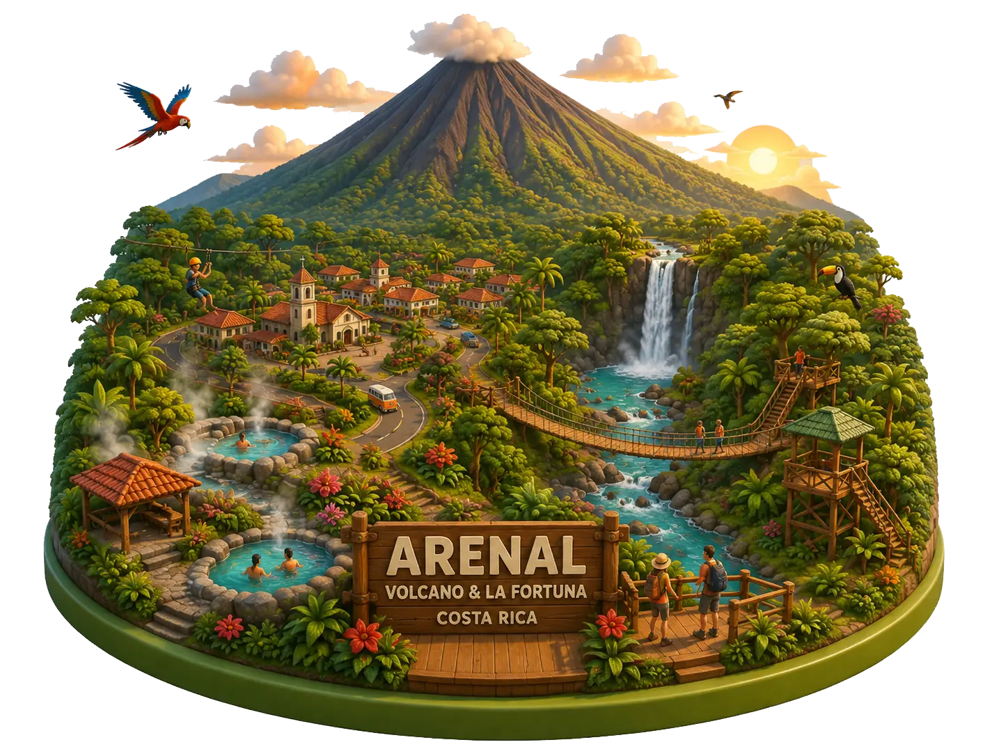 Ilustración 3D del Volcán Arenal y la región de La Fortuna