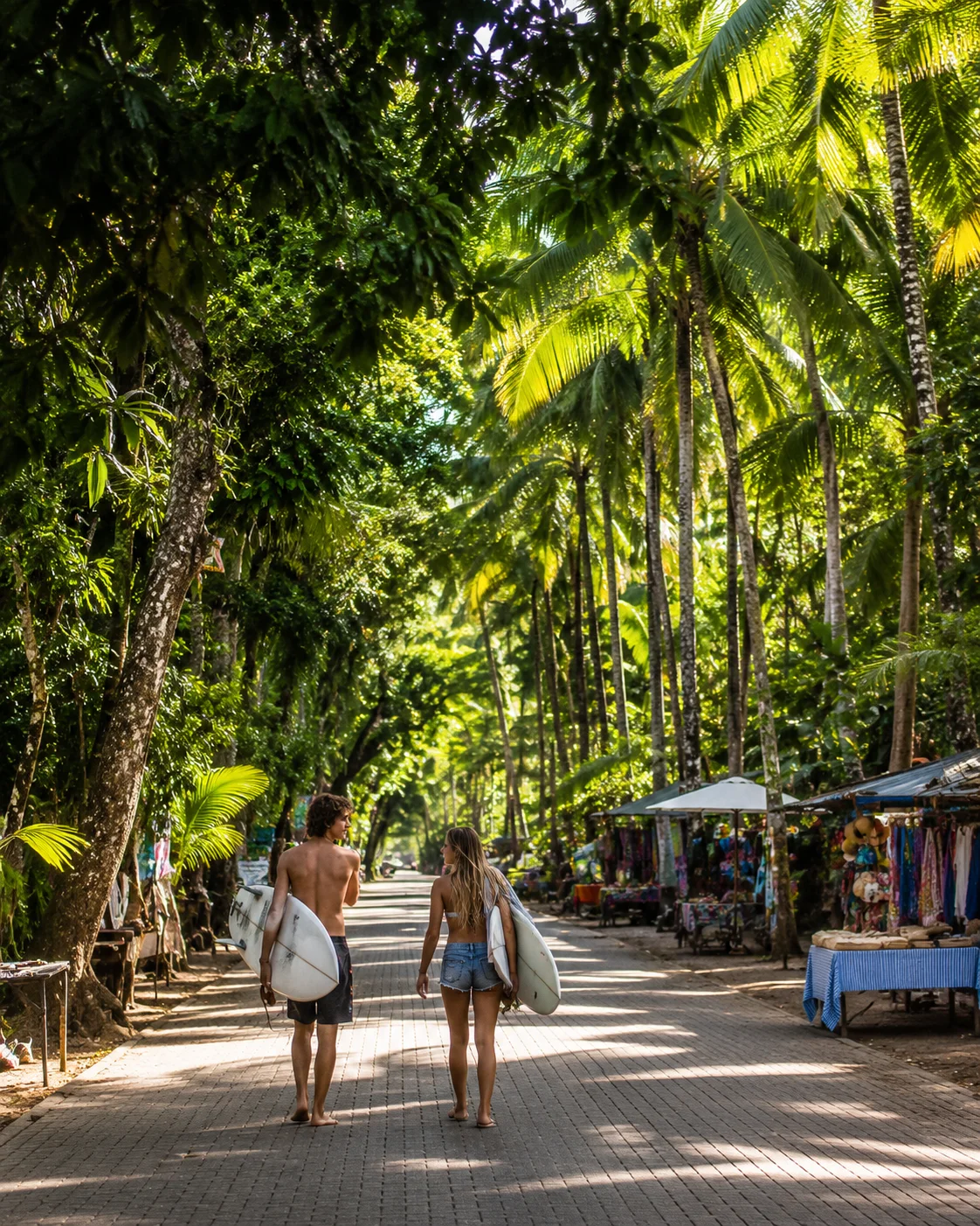 Surfers walking a palm-lined street in Dominical