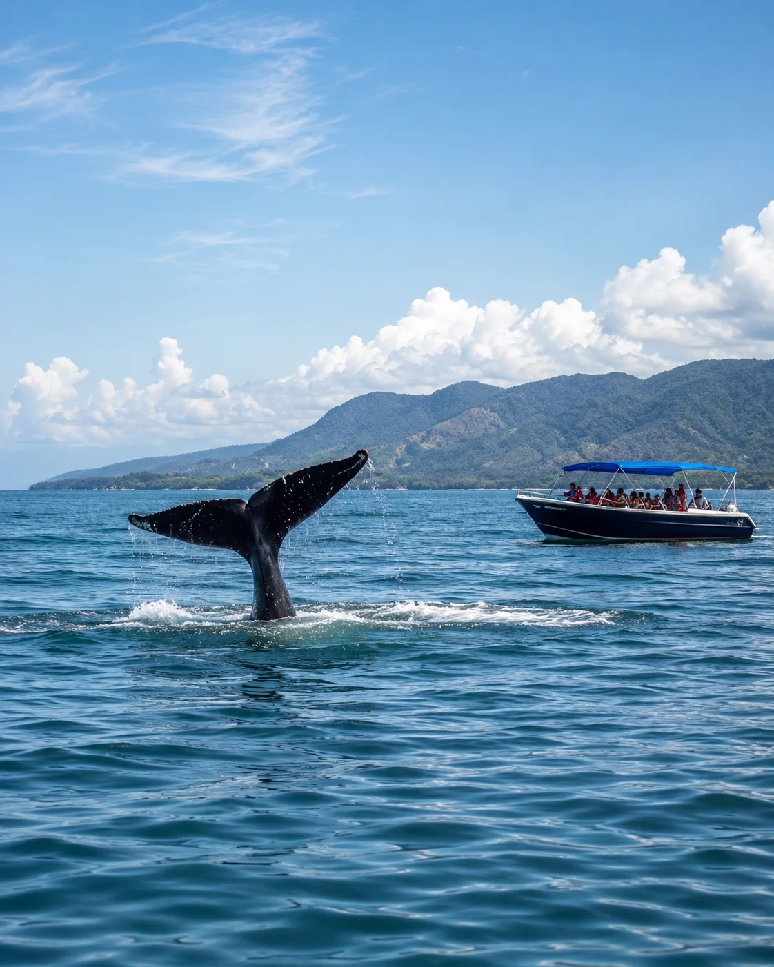 Whale tail beside a whale-watching boat in Bahía Ballena