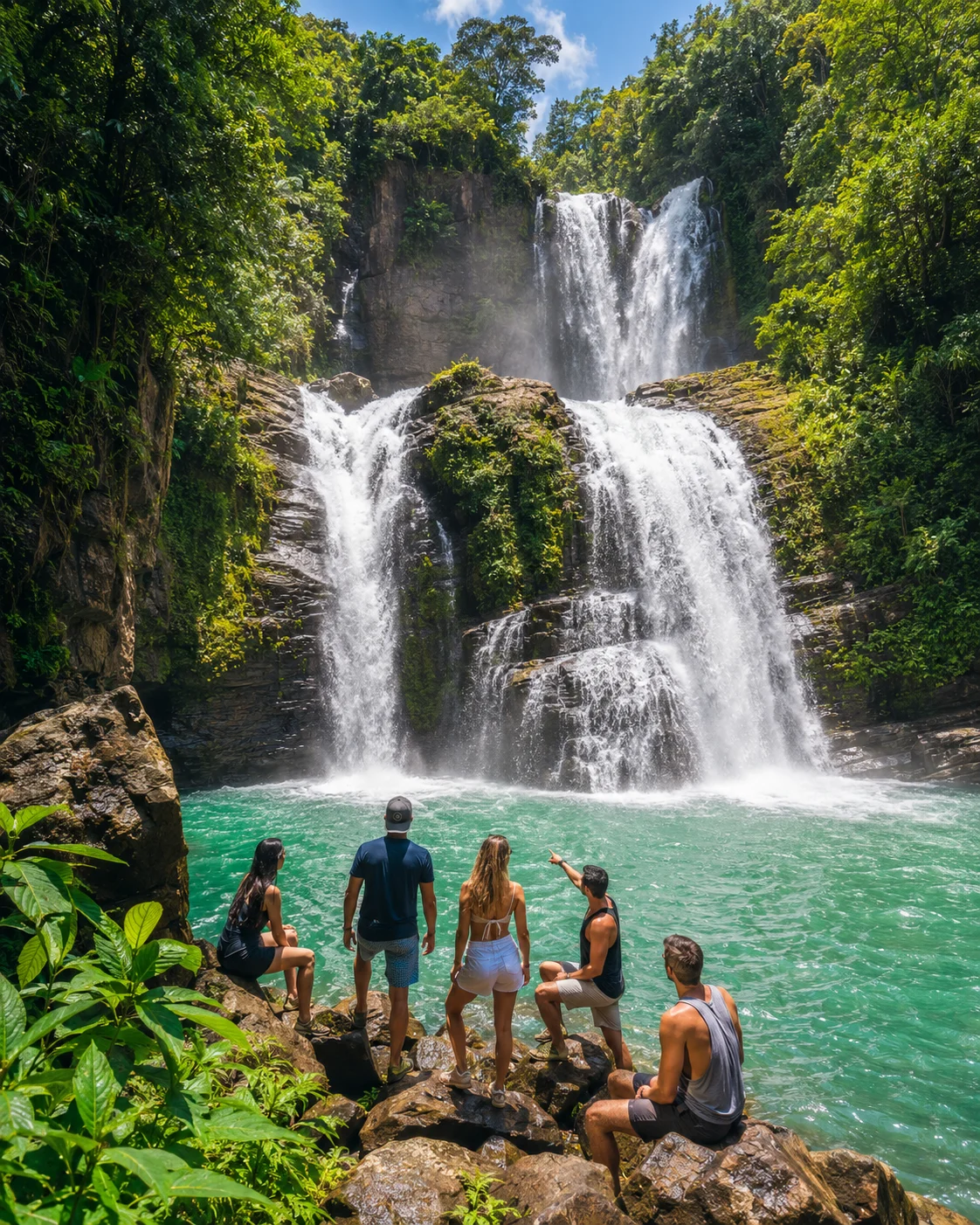 Visitors at Nauyaca-style waterfall near Dominical