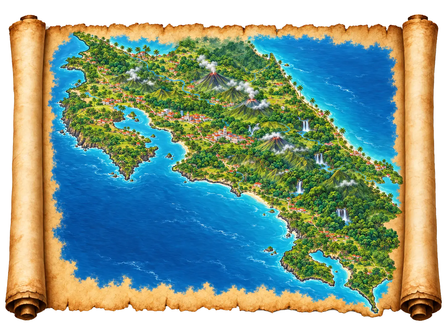 Illustrated map of Costa Rica with its landscapes and places to visit