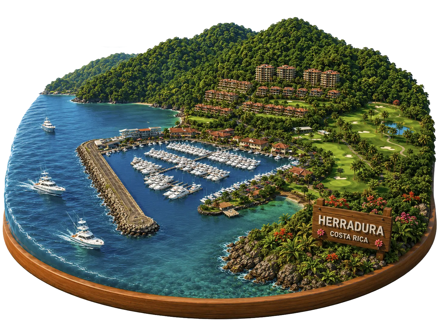 3D illustration of Herradura bay and its marina, Costa Rica