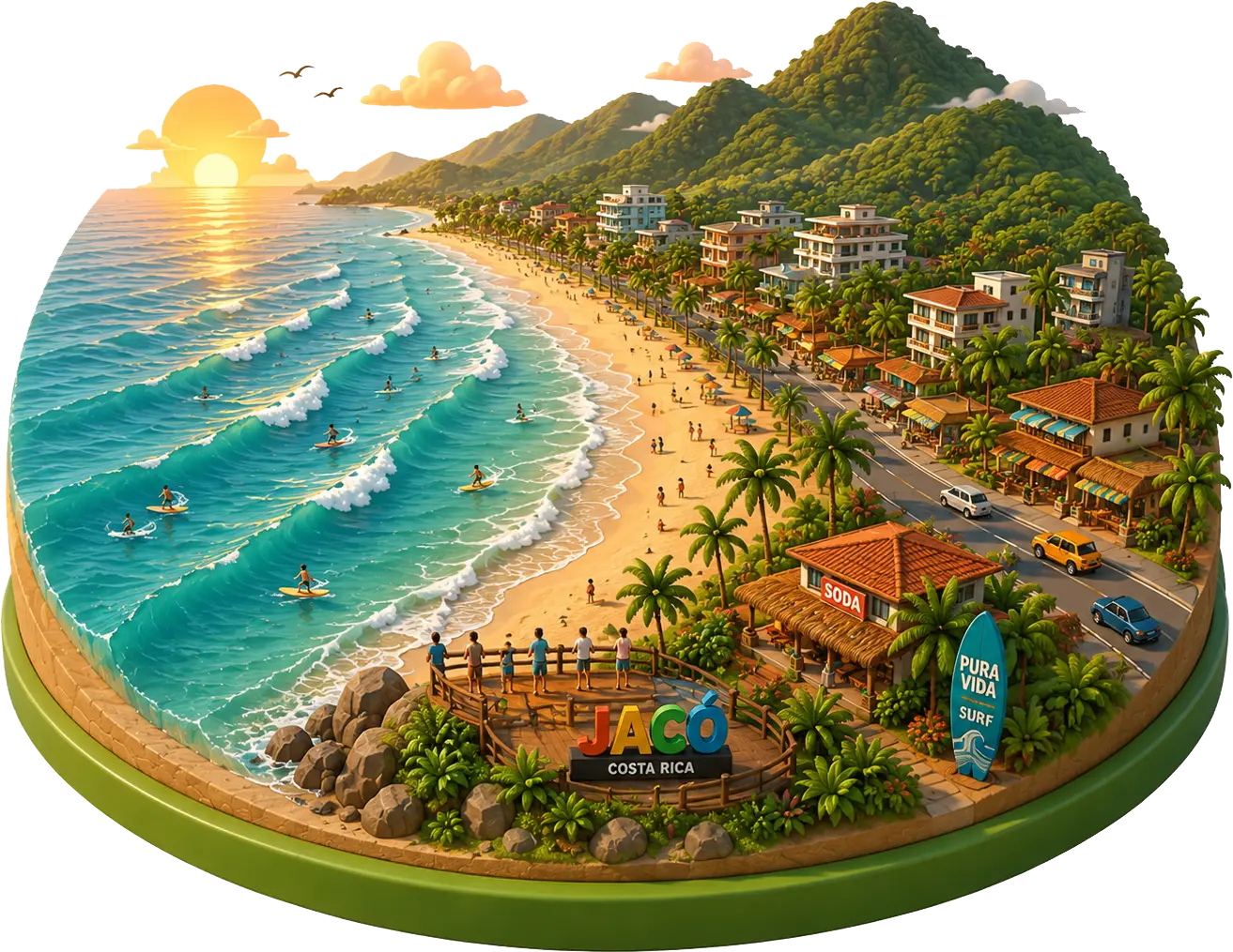 3D illustration of Jacó beach town at sunset