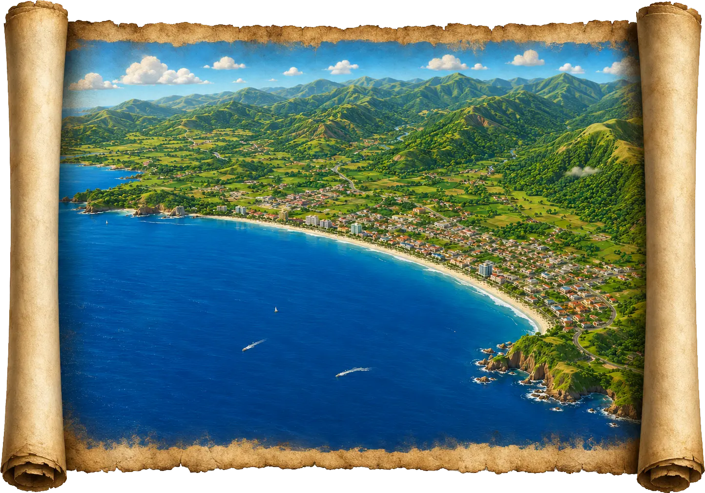 Illustrated map of Jacó bay, Costa Rica