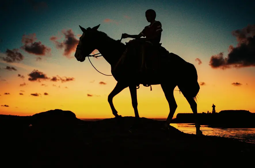 Horseback riding silhouette on Jacó beach at sunset