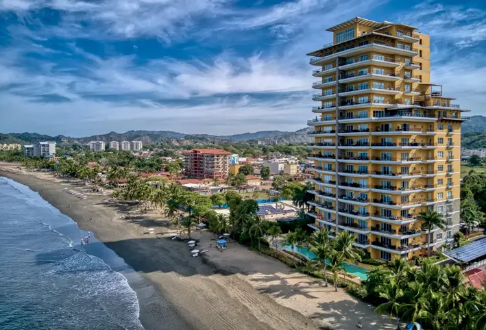 Jacó beachfront and towers from above