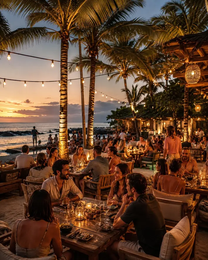 Restaurante frente al mar al atardecer en Playas del Coco