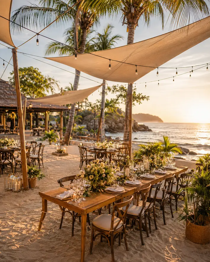 Cena en la playa a la hora dorada en Playas del Coco