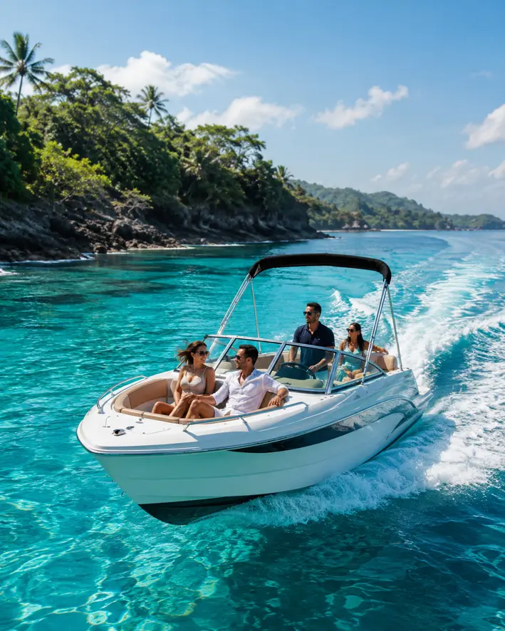 Familia en un tour en bote sobre agua turquesa cerca de Playas del Coco