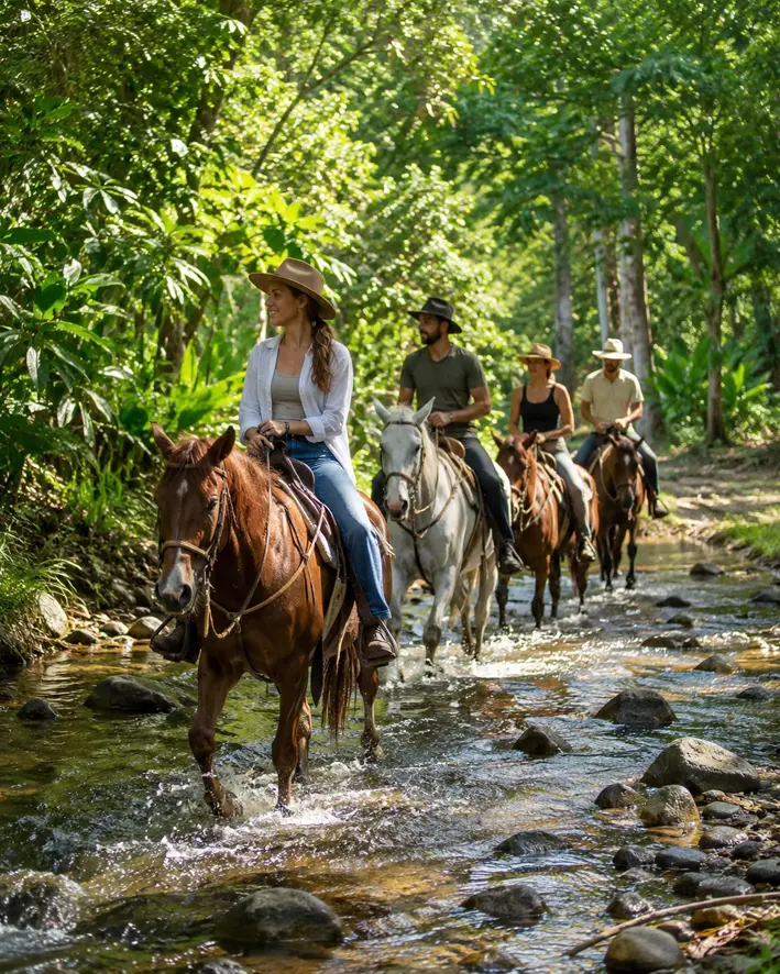 Cabalgata cruzando un río cerca de Playas del Coco