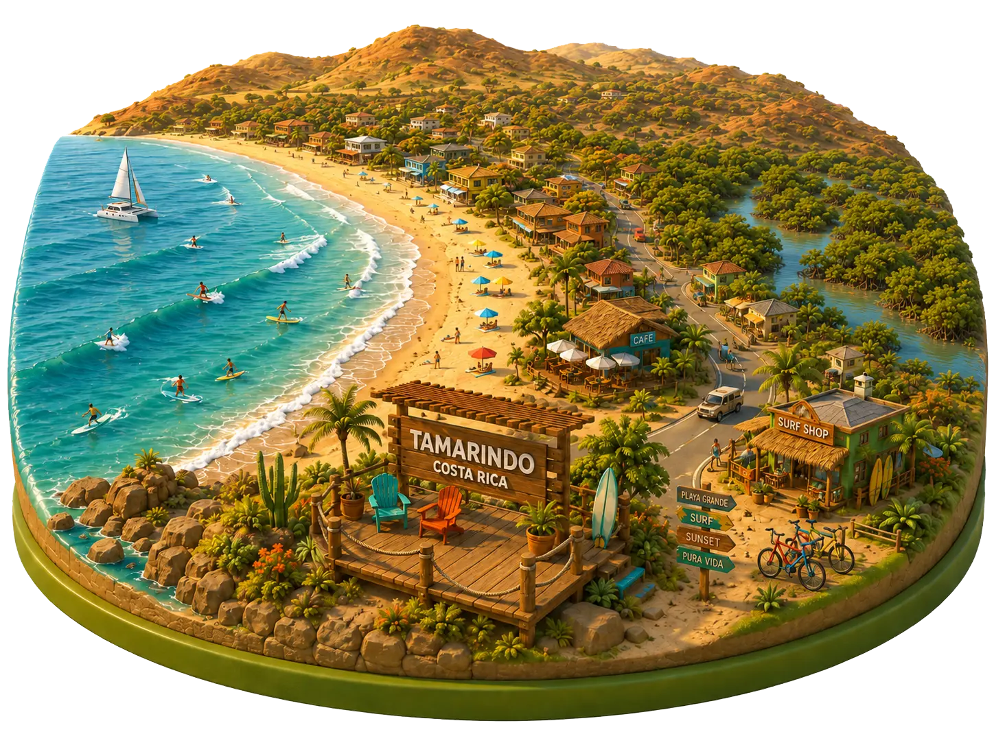 Ilustración 3D del pueblo de playa de Tamarindo, Costa Rica